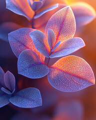 Poster - Ethereal macro of overlapping leaves with neon purple veins, dissolving into a mellow orange haze,