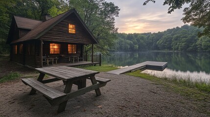 Wall Mural - Tranquil cabin by the lake at sunrise surrounded by lush greenery