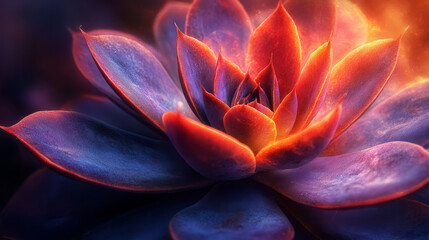 Poster - Hairy succulent leaf tips shimmering in an amethyst-teal neon aura, with an inviting honey-brown background swirl,
