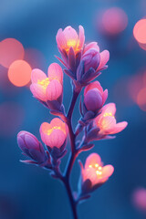 Leinwandbilder - A cluster of tiny buds with neon-reflective surfaces, caught under a faint purple glow, warm lights blurred behind,