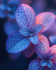 Poster - Macro reveal of a plantâ€™s textured underside, softly dappled in dreamy periwinkle neon, warm glow receding,