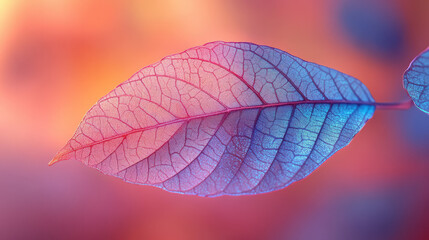 Poster - A single, translucent leaf edging tinted with turquoise-lavender neon, softly drifting into a peachy blur behind,