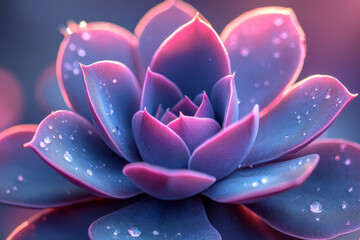 Poster - Macro shot showing the subtle curve in a succulent leaf, gradients of neon violet to aqua, softly fading behind,