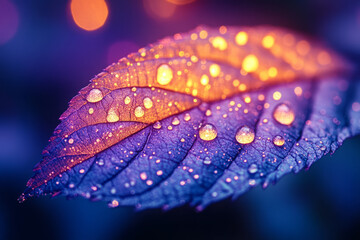 Aufkleber - A filmy membrane on a leaf corner, drenched in a subtle aqua and purple glow, with golden orbs floating behind,