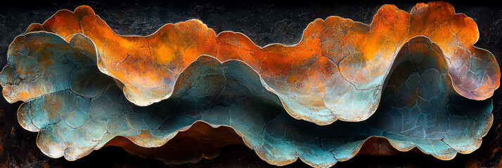 Poster - Rippled edges of a leaf with pastel aqua-lilac highlights, merging into a softly burnt-sienna backdrop,