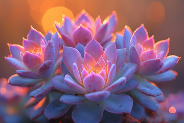 Poster - angular succulent growth in pastel neon hues (lavender and pale teal), set against a golden-brown bl