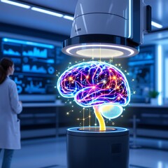 Poster - Glowing Brain Hologram Lab with Scientist in Medical Research Facility