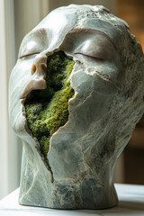 Poster - A minimal sculpture of a half-broken marble face revealing vibrant moss inside, all on a soft neutral background,