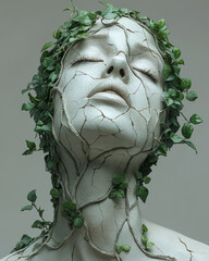 Leinwandbilder - A modern bust with cracks around one eye, exposing vivid green vines, placed on a subdued light-gray gradient,