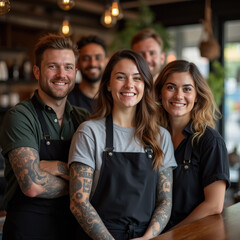 Wall Mural - Group of cheerful baristas in apron working together in a modern cafe posing in front of the camera