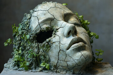 Poster - Cracked face sculpture in a serene expression, jagged openings filled with fresh green plants, on a soft gray background,