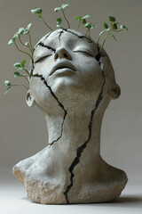 Poster - Metaphorical sculpture with cracks along the forehead, green sprouts growing out, displayed on a light-gray minimal setting,