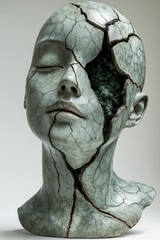 Poster - Monochrome bust with a large vertical crack, parted edges revealing bright forest-green textures underneath, on a warm gray field,
