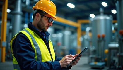 Aufkleber - Engineer in safety uniform checks oil supplies at oil refinery factory. Uses tablet for control. Industrial scene with modern tech equipment. Pro work in plant. Facility inspection in progress. Man