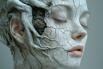 Poster - Elegant female countenance with cracked cheek revealing an entire mini-ecosystem inside, a gentle grey surrounding emphasizes the surreal effect,