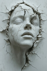 Aufkleber - Exaggerated ear sculpt with a deep crack showing leafy interior, the white face merging with a simple grey backdrop,
