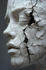 Poster - Exaggerated ear sculpt with a deep crack showing leafy interior, the white face merging with a simple grey backdrop,