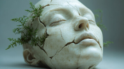 Leinwandbilder - A stoic face figurine featuring hairline fractures that sprout tiny ferns, set on a plain, softly lit gray environment,