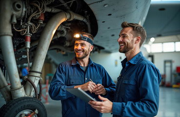 Poster - Two caucasian men mechanics work together repairing aircraft inside hangar. Use tablet, discuss tasks. Aircraft maintenance job in progress. Happy crew focused, pro. Aviation tech industry. Modern