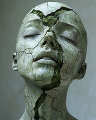 Poster - An almost featureless head sculpture featuring a single, large crack from scalp to chin, green plant matter visible within, on a quiet gray background,