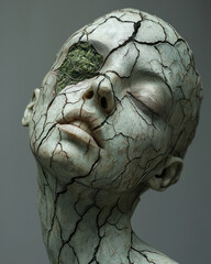 Poster - An almost featureless head sculpture featuring a single, large crack from scalp to chin, green plant matter visible within, on a quiet gray background,