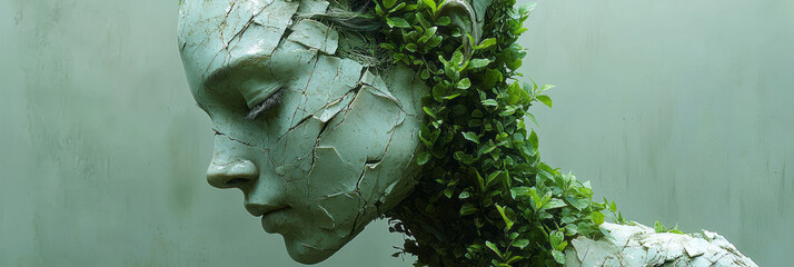 Aufkleber - Clean minimal bust broken into geometric chunks, each chunk exposing green plant textures beneath, on a slightly warm gray setting,