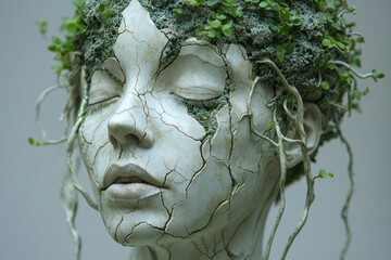 Poster - A porcelain-like sculpture fractured at the forehead, revealing a miniature green garden scene, all on a pale gray surface,