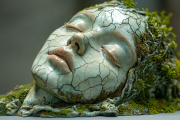 Aufkleber - A porcelain-like sculpture fractured at the forehead, revealing a miniature green garden scene, all on a pale gray surface,