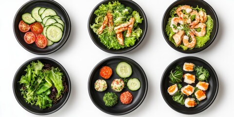 Wall Mural - Six bowls of assorted healthy salads and appetizers.