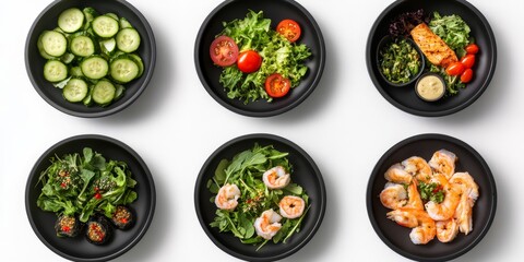 Wall Mural - Six bowls of healthy food cucumber, salad, salmon, shrimp.