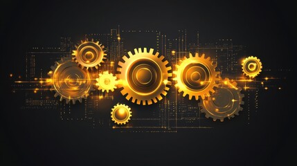 Poster - Golden Gears and Cogs on Dark Background for Technology Concepts