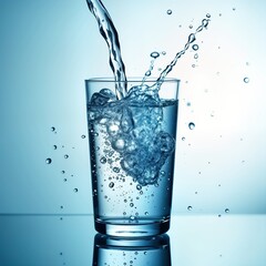 Poster - Pure water pours into glass creating splashing dynamics. Water fills glass completely. Clear glass shows pure water. Healthy drink concept. Fresh water. Clean water. Quality water. Water flows.