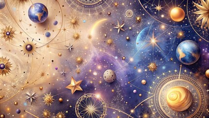Wall Mural - celestial tapestry a cosmic ballet of stars, planets, and golden constellations in a serene, dreamli
