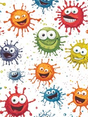 Poster - Cheerful and vibrant microbes with eyes and smiles create a fun and lively atmosphere in a colorful background. Generative AI