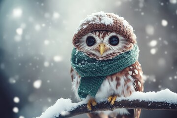 Wall Mural - Cozy Winter Owl Plushie on Branch