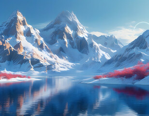 Wall Mural - Snowy Mountains and Lake with Red Trees