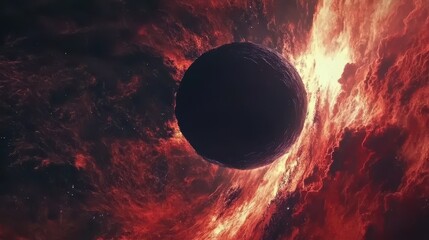 Wall Mural - a dark planet emerges from a fiery nebula