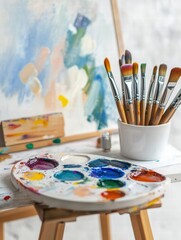 Poster - Colorful artistic workspace with paint palette, brushes, and easel ready for creative session. Generative AI
