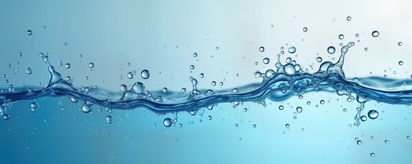 Aufkleber - Water droplets, bubbles form abstract patterns on soft blue background. Fluid shapes create dynamic visual effect. Liquid surface displays beauty, purity. Macro details show texture, light