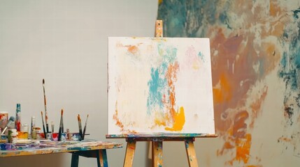 Aufkleber - Artistic workspace filled with vibrant brushes, paints, and a blank canvas ready for creative expression. Generative AI