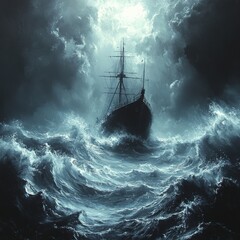 Canvas Print - Ancient ship battles stormy ocean, moonlit sky.