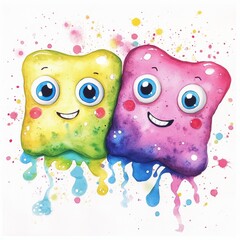 Poster - Bright and cheerful microbes with eyes and smiles enjoying a playful moment in a colorful environment filled with splashes. Generative AI