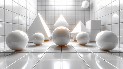 White geometric shapes in a minimalist room.