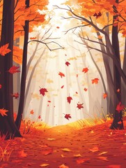 Aufkleber - Elegant autumn leaves falling gently in a tranquil forest during a serene afternoon. Generative AI