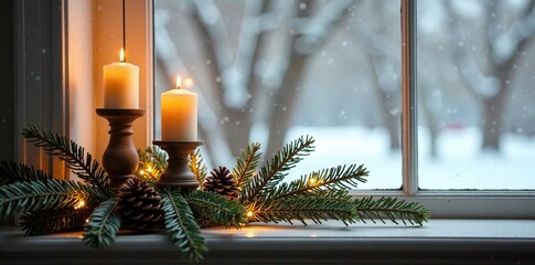 Wall Mural - Candlesticks and pinecones add a festive touch to a snowy windowsill, branch arrangement, evergreen, festive