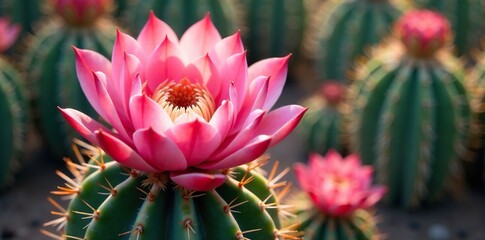 Wall Mural - Pink petals unfolding like a royal crown on cactus, summer, pink