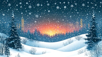 Wall Mural - Winter landscape with snowfall and city skyline.