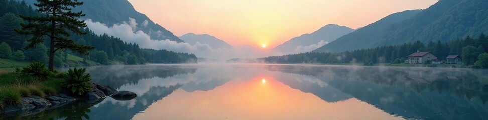 Wall Mural - Mist rising from a tranquil mountain pond at dawn, peaceful, dawn, pond