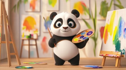 Poster - Panda artist joyfully paints in a colorful studio filled with bright artworks and vibrant colors. Generative AI