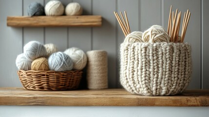 Wall Mural - Cozy knitting setup with natural yarn and tools on wooden shelves in a light room